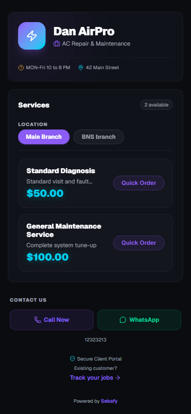 Sebafy public booking page for a real business — services, prices, and Quick Order buttons