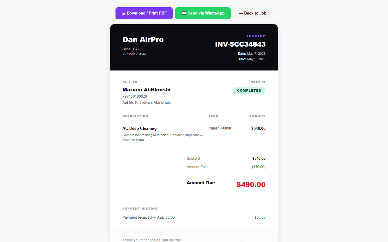 A real Sebafy invoice showing line items, payment history, and amount due