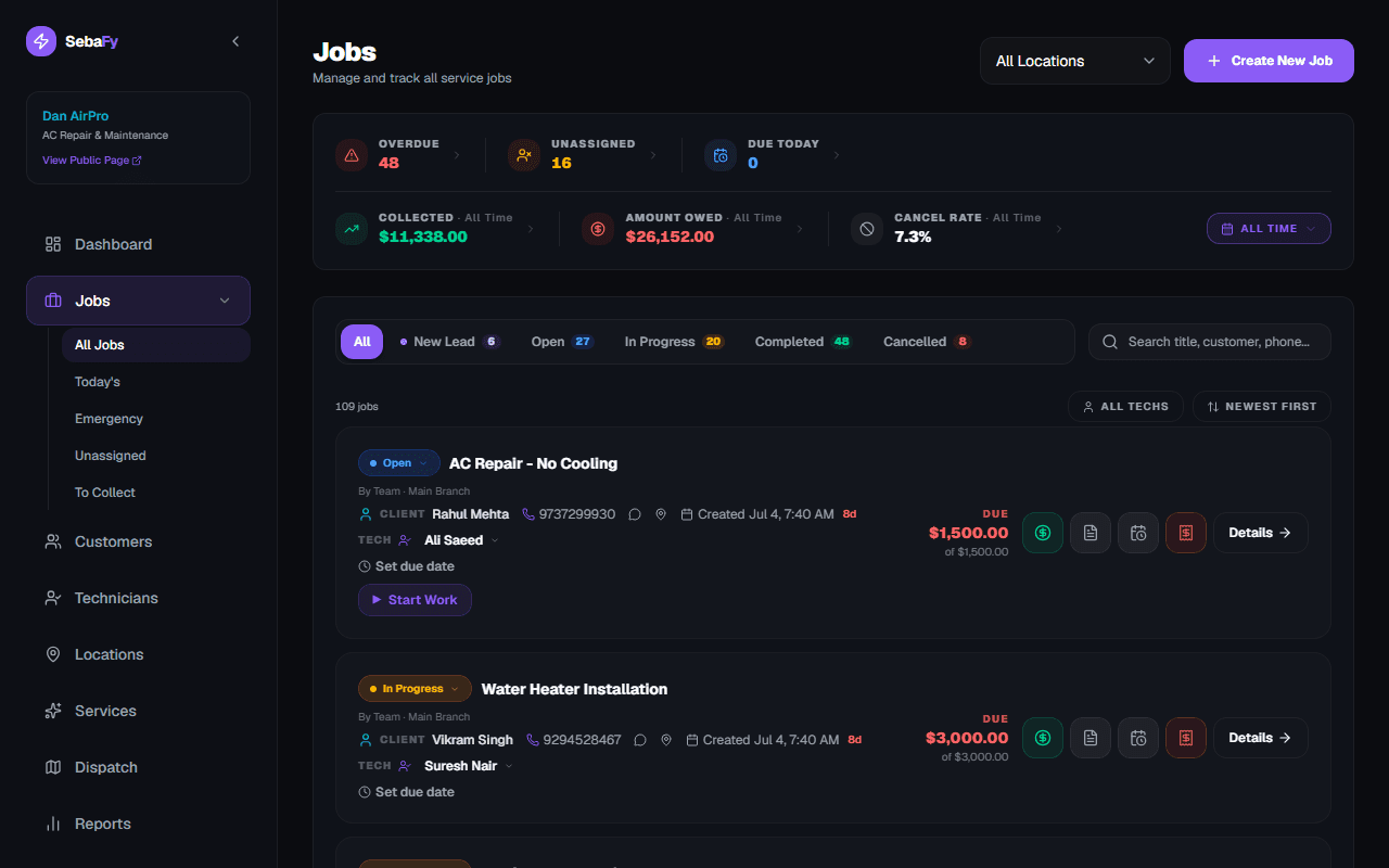 Sebafy Jobs Board showing real service jobs, statuses, and revenue stats