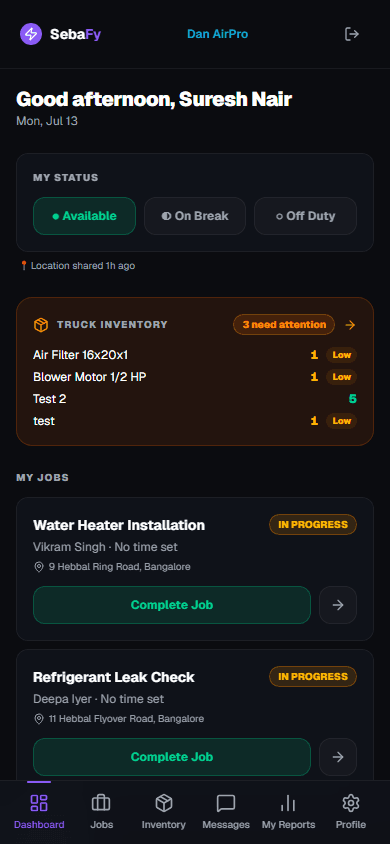 Real screenshot of the Sebafy technician app showing a worker's assigned jobs for the day
